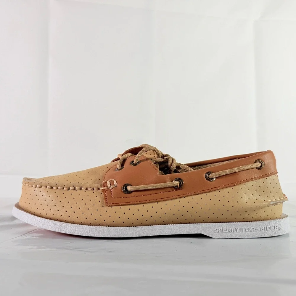 Sperry Men's A/O 2-Eye Resort Perforated Boat Shoes Size 9 Off White Tan Leather